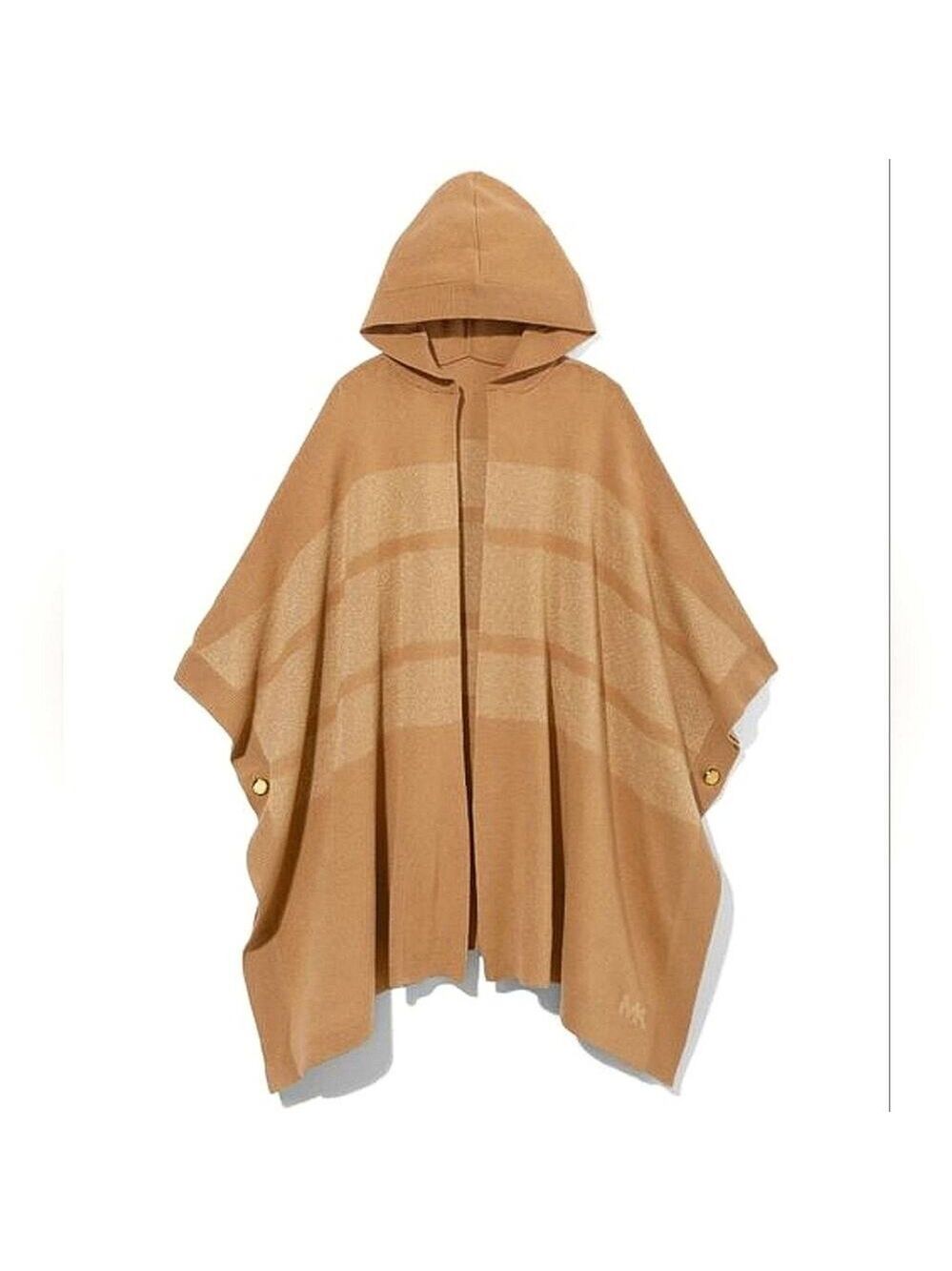 MICHAEL KORS HOODED PONCHO CAPE SWEATER METALLIC KNIT IN DARK CAMEL BROWN